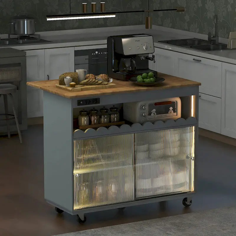 Îlot de cuisine de 112 cm de largeur, comptoir rabattable en bois d'hévéa sur 5 roulettes, avec étagère ouverte et casier à vin - 44