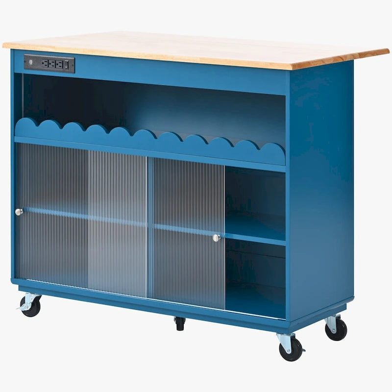 Îlot de cuisine de 112 cm de largeur, comptoir rabattable en bois d'hévéa sur 5 roulettes, avec étagère ouverte et casier à vin - 44