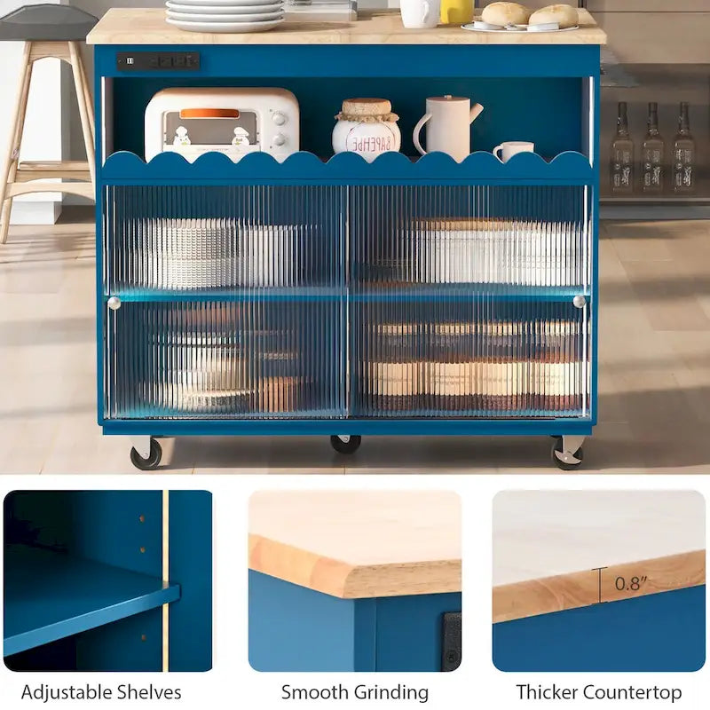 Îlot de cuisine de 112 cm de largeur, comptoir rabattable en bois d'hévéa sur 5 roulettes, avec étagère ouverte et casier à vin - 44