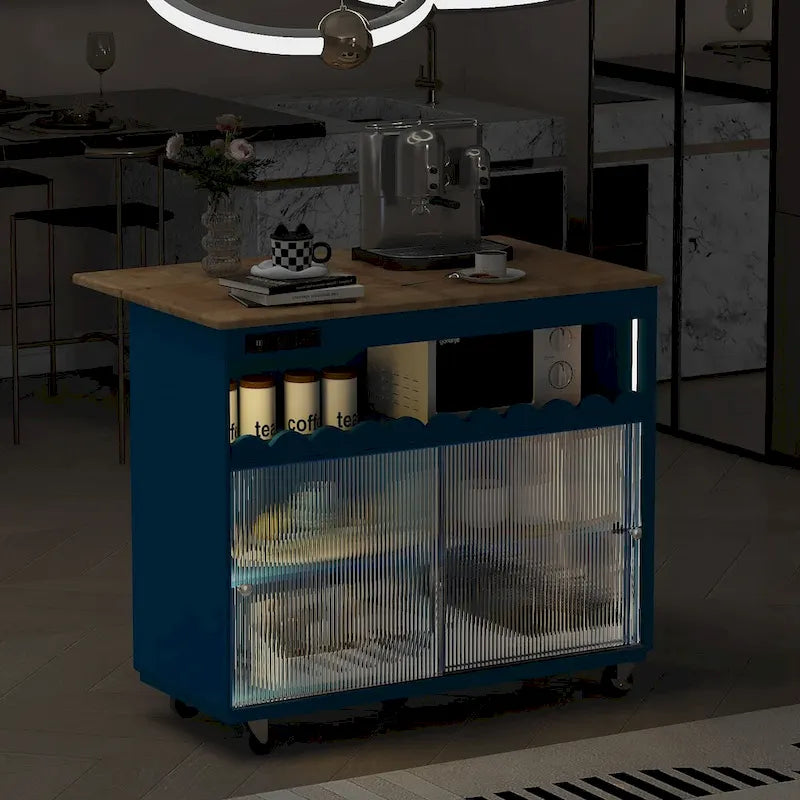 Îlot de cuisine de 112 cm de largeur, comptoir rabattable en bois d'hévéa sur 5 roulettes, avec étagère ouverte et casier à vin - 44