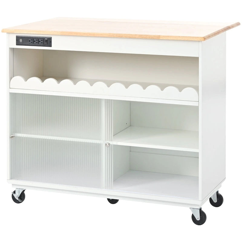 Îlot de cuisine de 112 cm de largeur, comptoir rabattable en bois d'hévéa sur 5 roulettes, avec étagère ouverte et casier à vin - 44