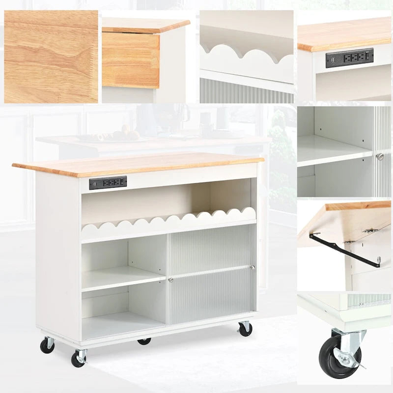 Îlot de cuisine de 112 cm de largeur, comptoir rabattable en bois d'hévéa sur 5 roulettes, avec étagère ouverte et casier à vin - 44