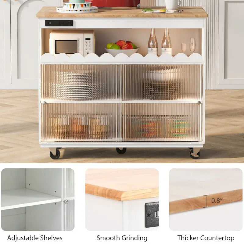 Îlot de cuisine de 112 cm de largeur, comptoir rabattable en bois d'hévéa sur 5 roulettes, avec étagère ouverte et casier à vin - 44