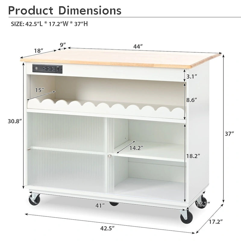 Îlot de cuisine de 112 cm de largeur, comptoir rabattable en bois d'hévéa sur 5 roulettes, avec étagère ouverte et casier à vin - 44