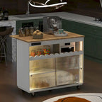 Îlot de cuisine de 112 cm de largeur, comptoir rabattable en bois d'hévéa sur 5 roulettes, avec étagère ouverte et casier à vin - 44