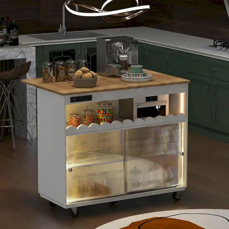 Îlot de cuisine de 112 cm de largeur, comptoir rabattable en bois d'hévéa sur 5 roulettes, avec étagère ouverte et casier à vin - 44