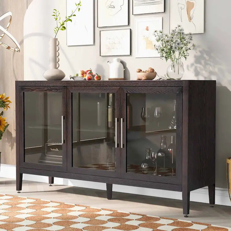 Armoire de rangement en bois avec 3 portes en verre trempé et étagère réglable