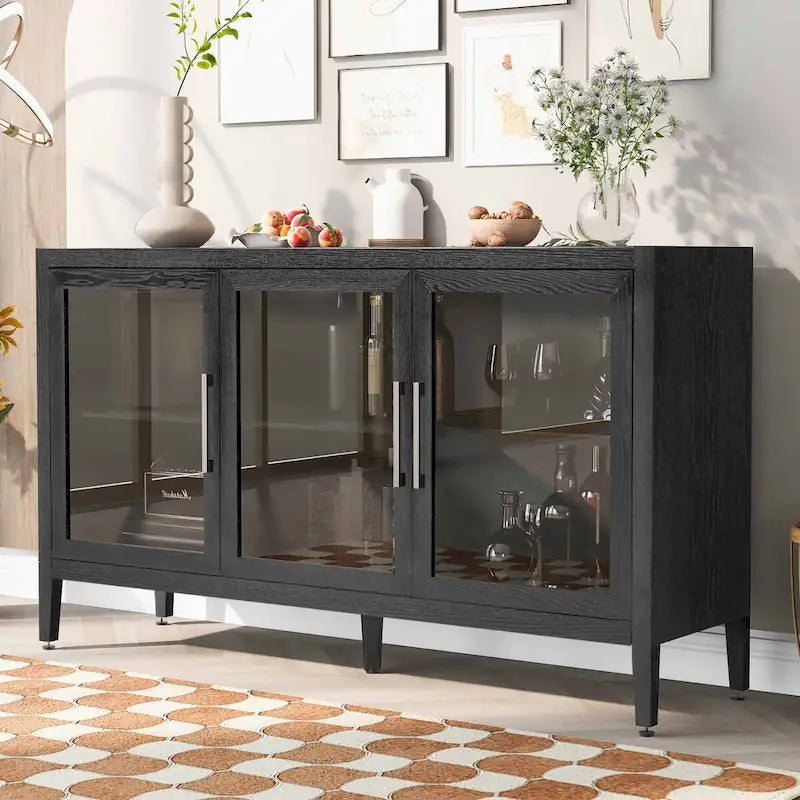 Armoire de rangement en bois avec 3 portes en verre trempé et étagère réglable
