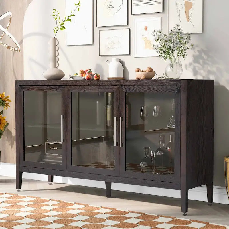 Armoire de rangement en bois avec 3 portes en verre trempé et étagère réglable