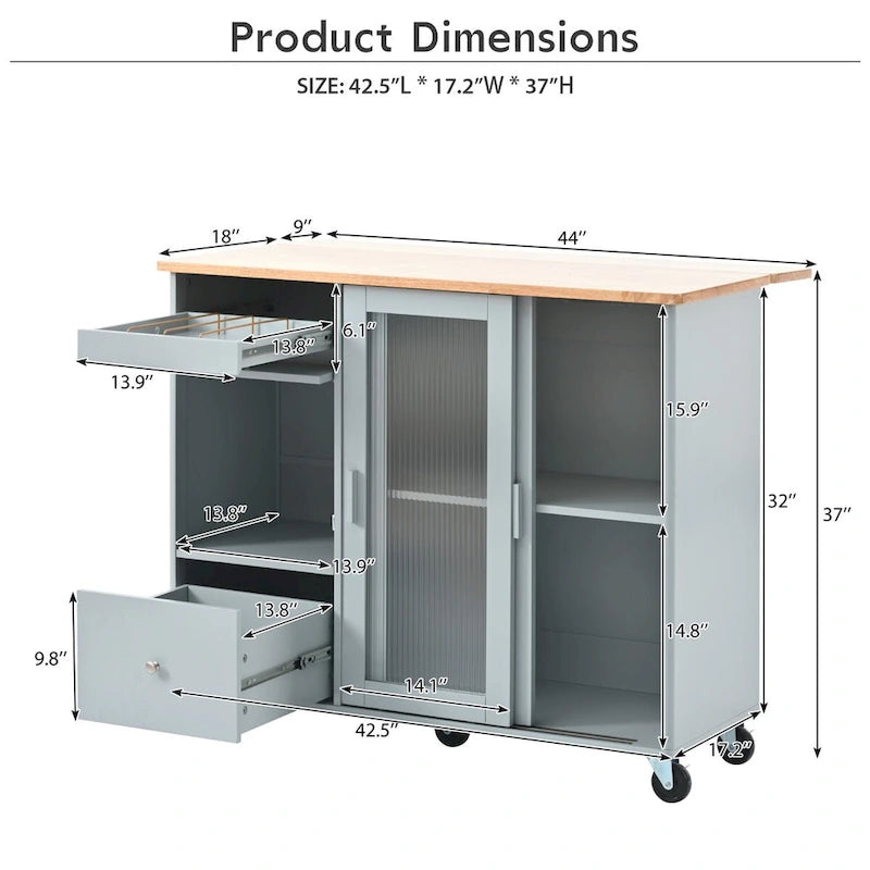 Îlot de cuisine mobile avec plateau rabattable, éclairage LED, portes en verre cannelé, étagère réglable et deux tiroirs