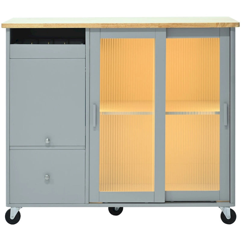 Îlot de cuisine mobile avec plateau rabattable, éclairage LED, portes en verre cannelé, étagère réglable et deux tiroirs