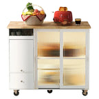 Îlot de cuisine mobile avec plateau rabattable, éclairage LED, portes en verre cannelé, étagère réglable et deux tiroirs