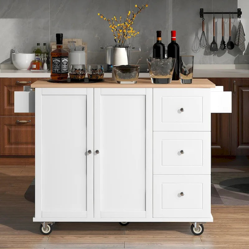Îlot de cuisine mobile sur roulettes avec plateau en bois massif et roulettes verrouillables