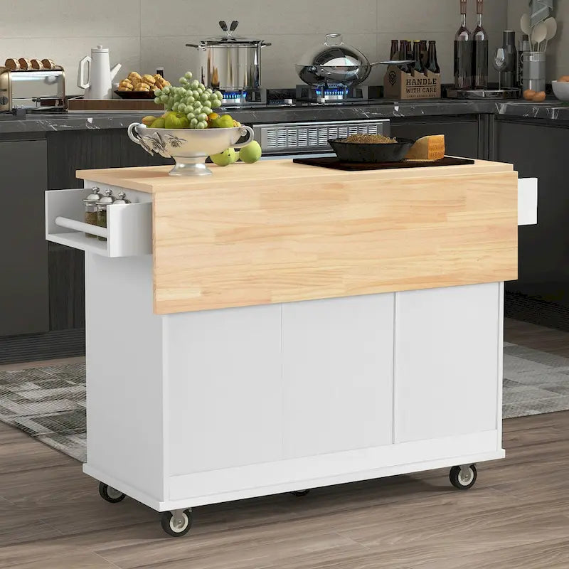 Îlot de cuisine mobile sur roulettes avec plateau en bois massif et roulettes verrouillables
