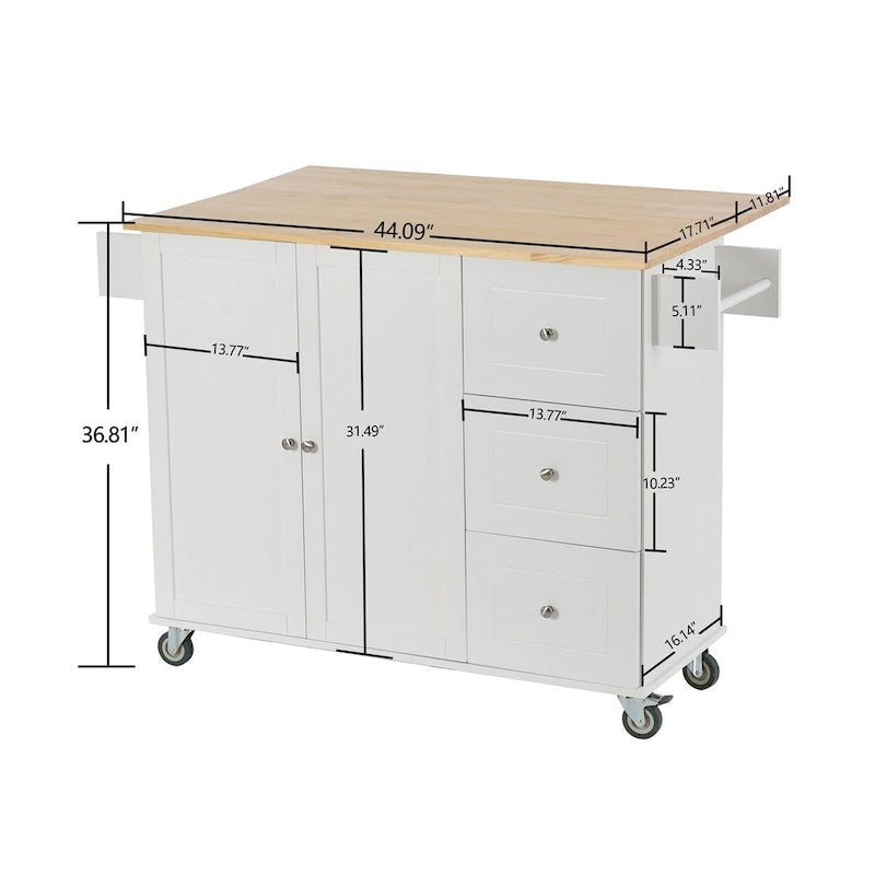 Îlot de cuisine mobile sur roulettes avec plateau en bois massif et roulettes verrouillables