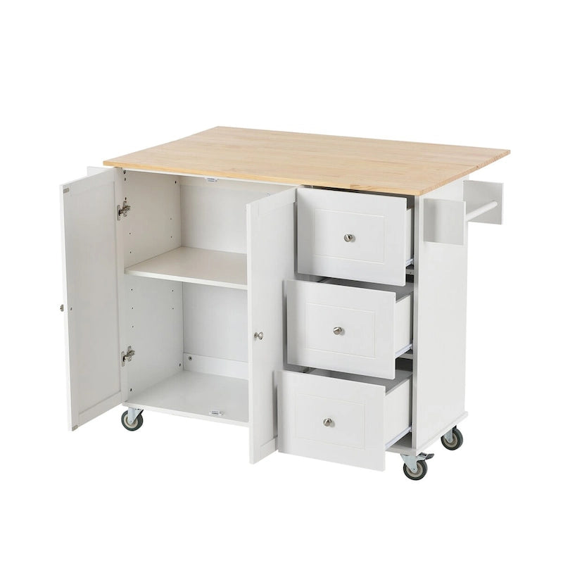 Îlot de cuisine mobile sur roulettes avec plateau en bois massif et roulettes verrouillables