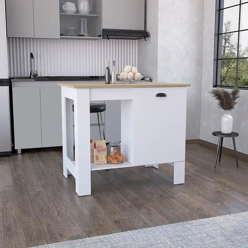 Îlot de cuisine Shoproni, un tiroir, finition blanche, haute qualité et durable