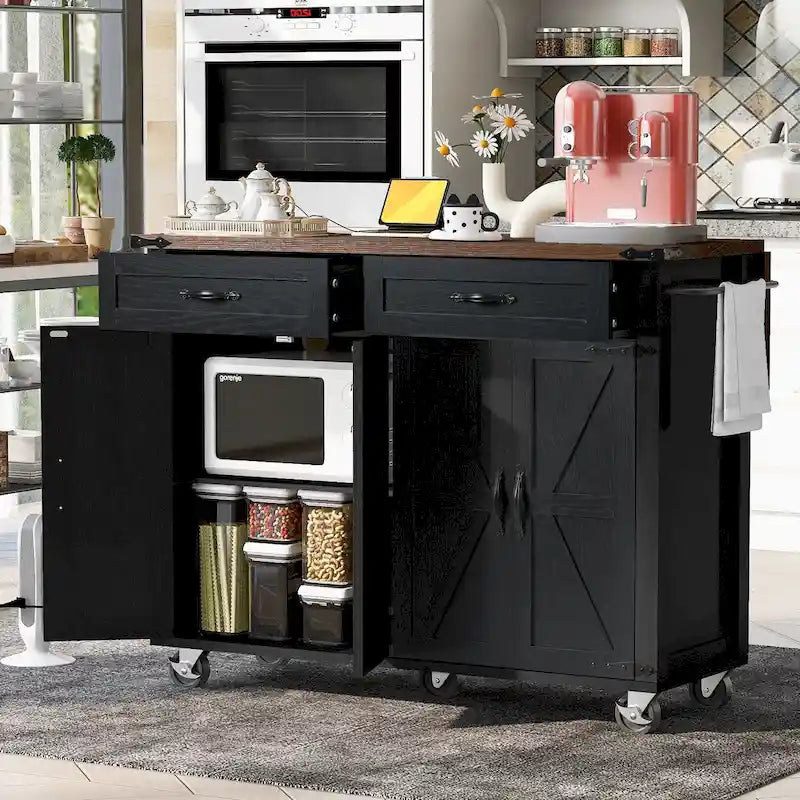 Chariot de cuisine de style campagnard de 53,5 pouces avec prise électrique, abattant, porte-épices et tiroirs, chariot mobile sur roulettes