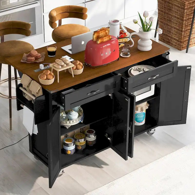 Chariot de cuisine de style campagnard de 53,5 pouces avec prise électrique, abattant, porte-épices et tiroirs, chariot mobile sur roulettes