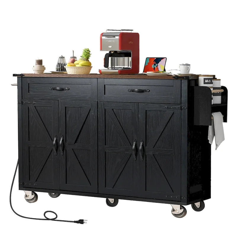 Chariot de cuisine de style campagnard de 53,5 pouces avec prise électrique, abattant, porte-épices et tiroirs, chariot mobile sur roulettes