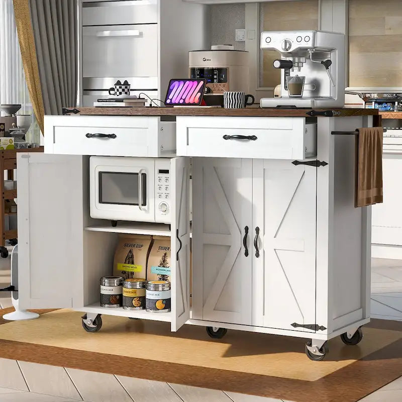 Chariot de cuisine de style campagnard de 53,5 pouces avec prise électrique, abattant, porte-épices et tiroirs, chariot mobile sur roulettes