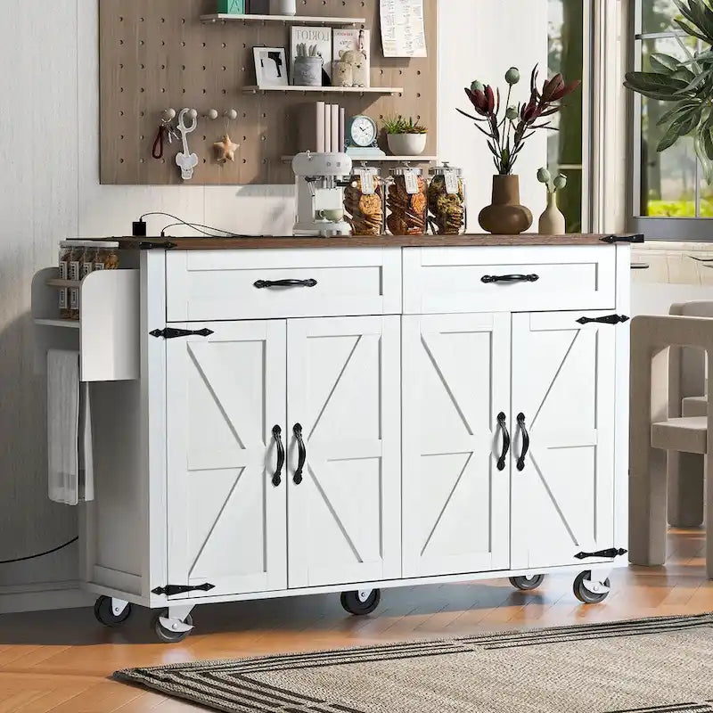 Chariot de cuisine de style campagnard de 53,5 pouces avec prise électrique, abattant, porte-épices et tiroirs, chariot mobile sur roulettes
