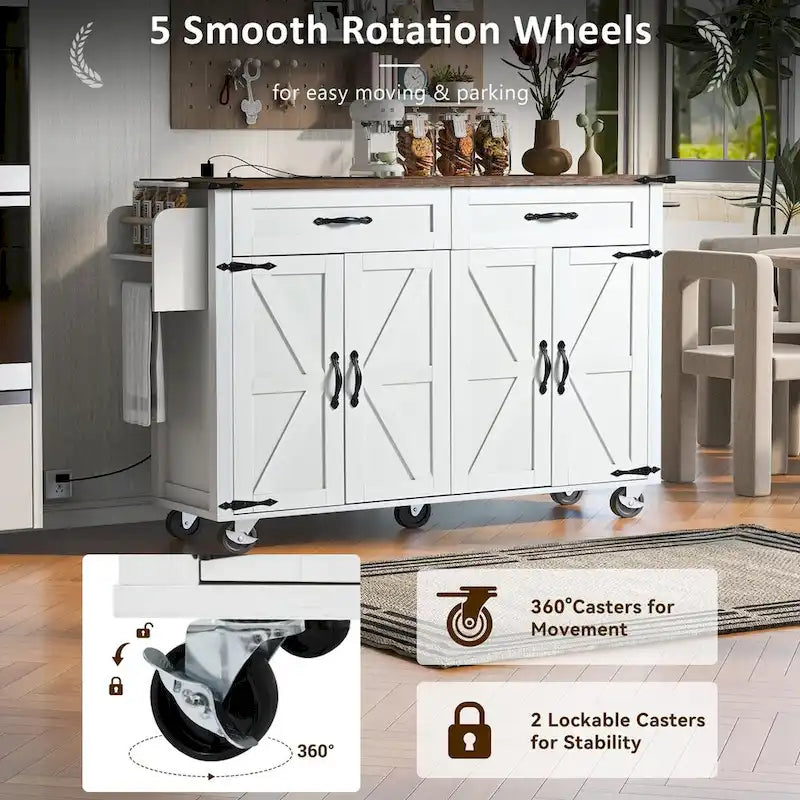 Chariot de cuisine de style campagnard de 53,5 pouces avec prise électrique, abattant, porte-épices et tiroirs, chariot mobile sur roulettes