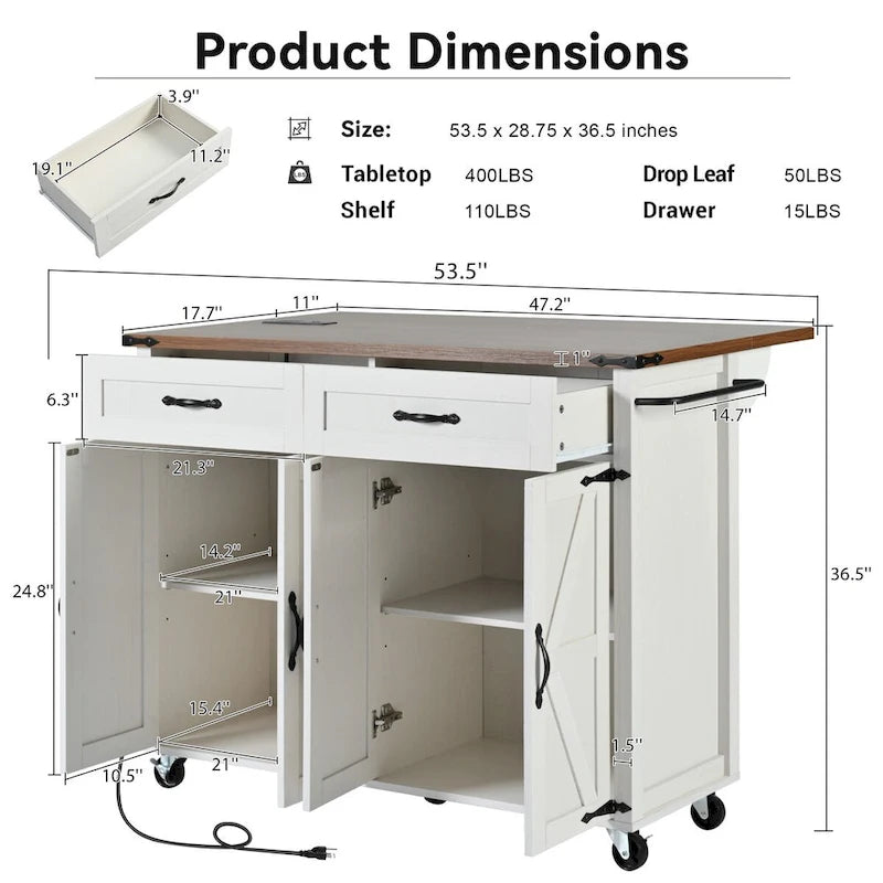 Chariot de cuisine de style campagnard de 53,5 pouces avec prise électrique, abattant, porte-épices et tiroirs, chariot mobile sur roulettes