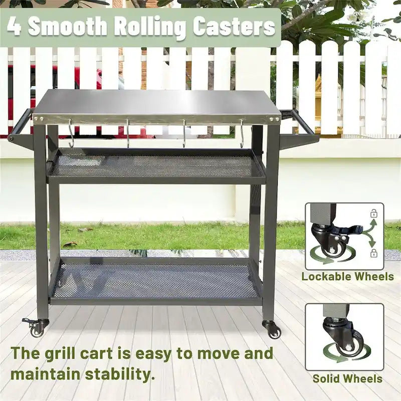 Chariot de barbecue extérieur à 3 étagères avec roulettes et plateau en acier inoxydable