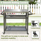 Chariot de barbecue extérieur à 3 étagères avec roulettes et plateau en acier inoxydable