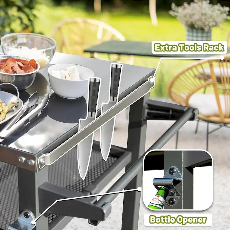 Chariot de barbecue extérieur à 3 étagères avec roulettes et plateau en acier inoxydable