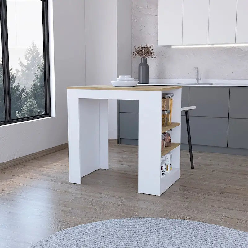 Îlot de cuisine Highlands avec base de rangement en blanc et macadamia