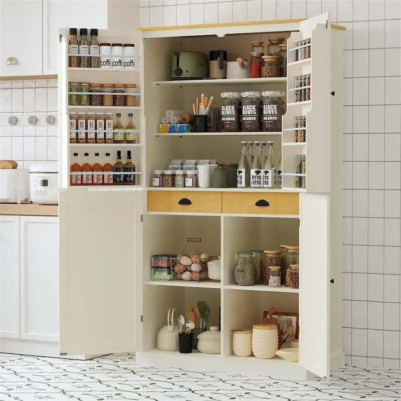 Garde-manger indépendant avec tiroir, étagères réglables et étagères de porte