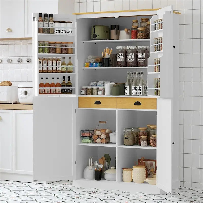 Garde-manger indépendant avec tiroir, étagères réglables et étagères de porte