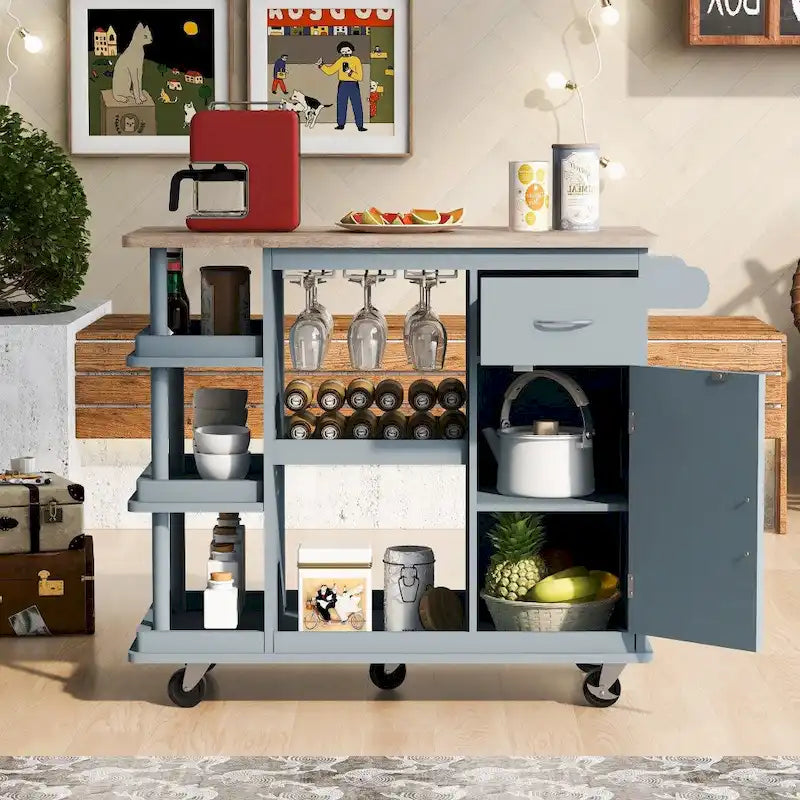 Chariot de cuisine en bois d'hévéa avec étagères réglables et casier à vin