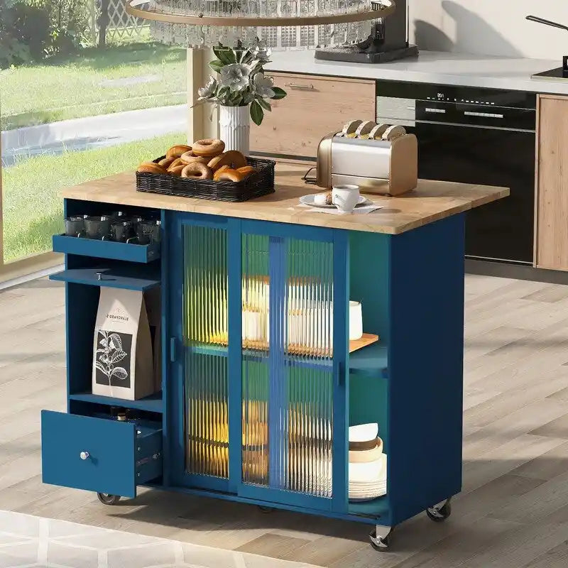 Îlot de cuisine sur roulettes avec abattant, éclairage LED, 2 portes vitrées cannelées et 1 porte d'armoire rabattable