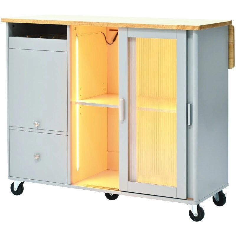 Îlot de cuisine sur roulettes avec abattant, éclairage LED, 2 portes vitrées cannelées et 1 porte d'armoire rabattable