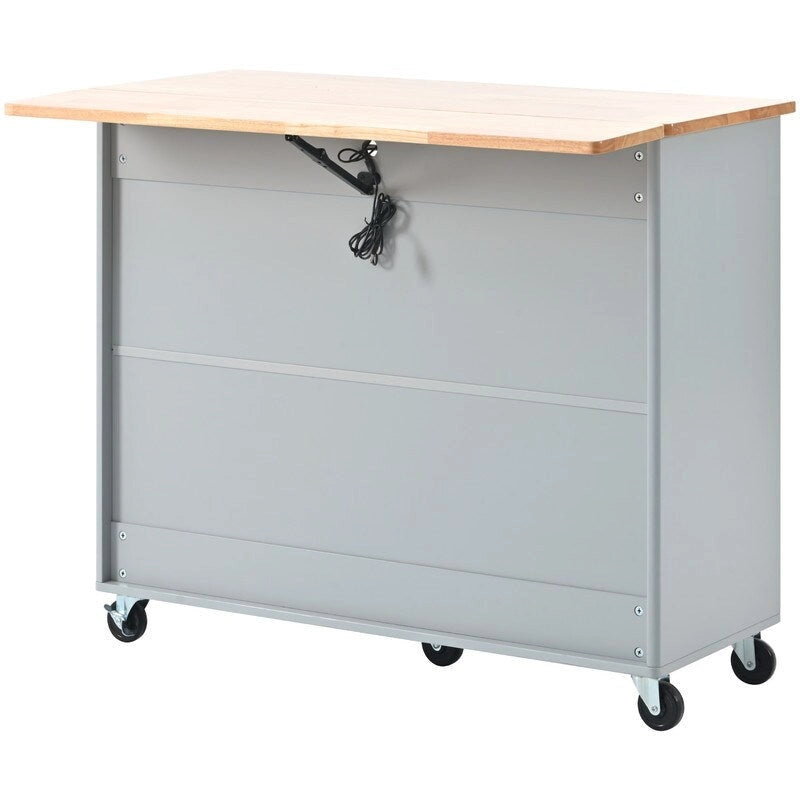 Îlot de cuisine sur roulettes avec abattant, éclairage LED, 2 portes vitrées cannelées et 1 porte d'armoire rabattable
