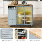 Îlot de cuisine sur roulettes avec abattant, éclairage LED, 2 portes vitrées cannelées et 1 porte d'armoire rabattable
