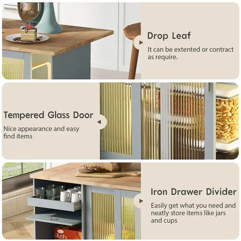 Îlot de cuisine sur roulettes avec abattant, éclairage LED, 2 portes vitrées cannelées et 1 porte d'armoire rabattable