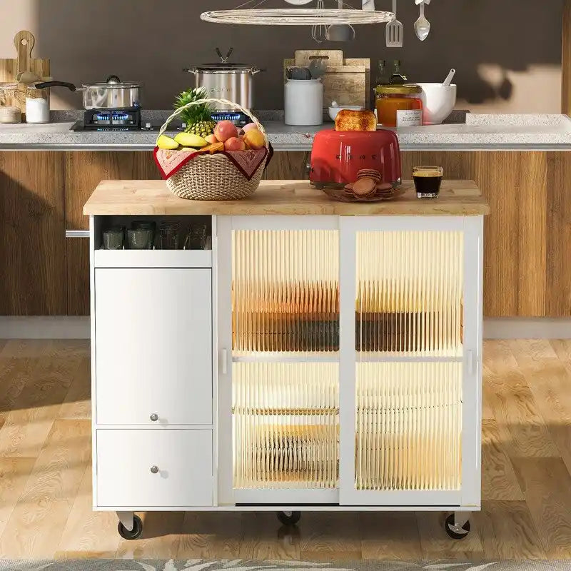 Îlot de cuisine sur roulettes avec abattant, éclairage LED, 2 portes vitrées cannelées et 1 porte d'armoire rabattable