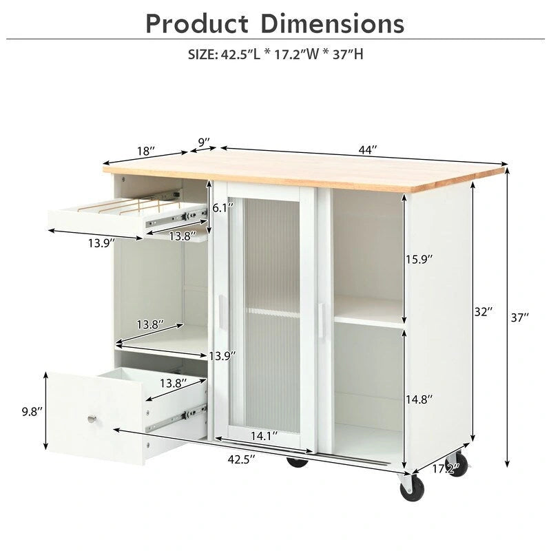 Îlot de cuisine sur roulettes avec abattant, éclairage LED, 2 portes vitrées cannelées et 1 porte d'armoire rabattable