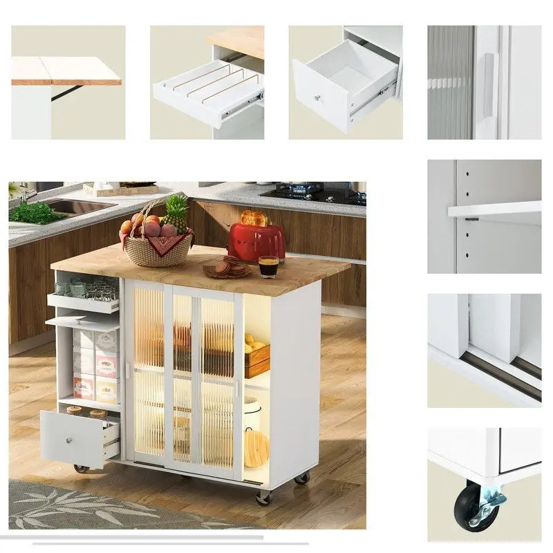 Îlot de cuisine sur roulettes avec abattant, éclairage LED, 2 portes vitrées cannelées et 1 porte d'armoire rabattable