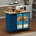 Îlot de cuisine sur roulettes avec abattant, éclairage LED, 2 portes vitrées cannelées et 1 porte d'armoire rabattable