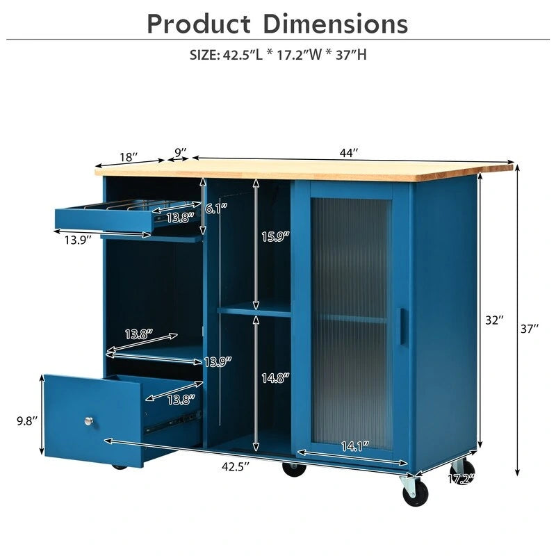 Îlot de cuisine sur roulettes avec abattant, éclairage LED, 2 portes vitrées cannelées et 1 porte d'armoire rabattable