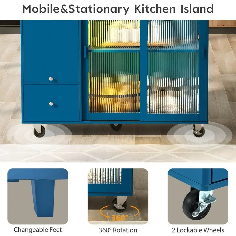 Îlot de cuisine sur roulettes avec abattant, éclairage LED, 2 portes vitrées cannelées et 1 porte d'armoire rabattable