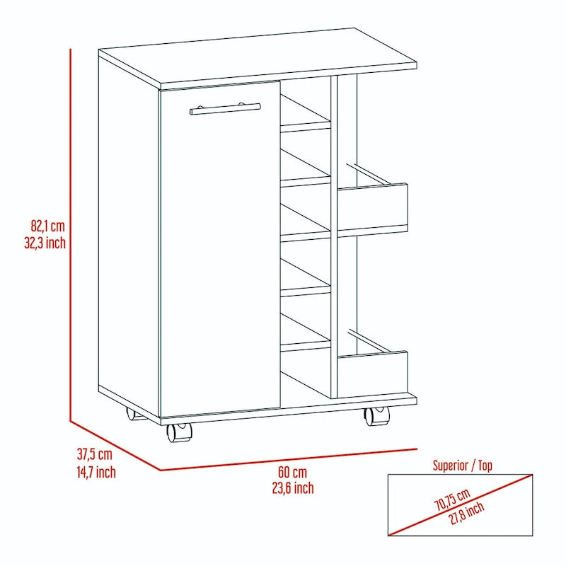 Chariot de bar Bartlet à 2 étagères et 6 bouteilles avec séparation, couleur wengé noir, pour la cuisine, les réceptions et le salon
