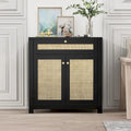 Meuble d'appoint en rotin noir avec tiroir et 2 portes, étagères réglables