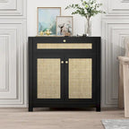 Meuble d'appoint en rotin noir avec tiroir et 2 portes, étagères réglables