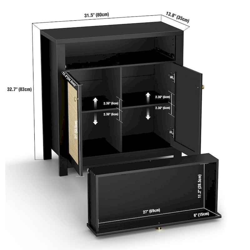 Meuble d'appoint en rotin noir avec tiroir et 2 portes, étagères réglables